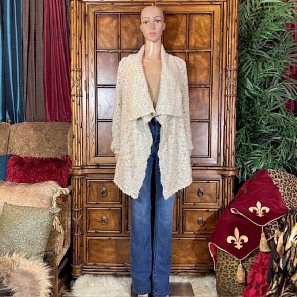 NWOT Jones New York Oatmeal Wool Alpaca Blend Oversize Lapel Open Front Cardigan - Picture 4 of 14